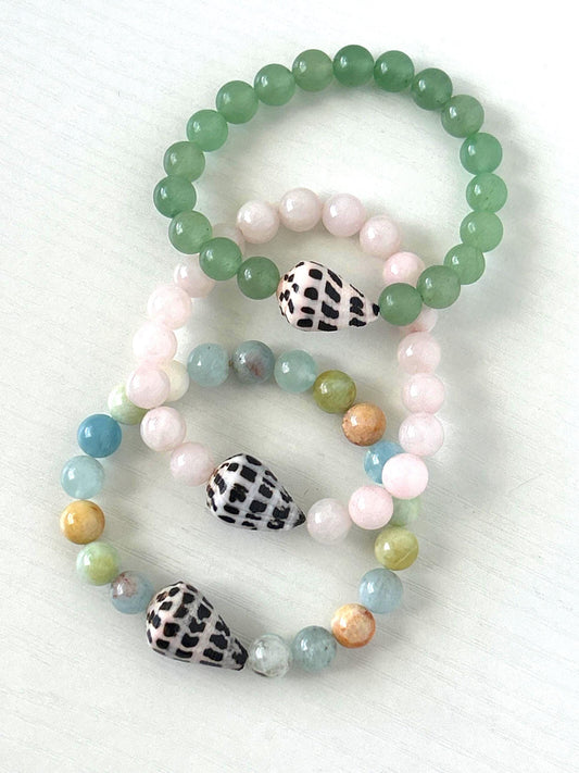 Hebrew cone shell and gemstone stretchy stacker bracelet your choice 7” handmade beachy mermaid style