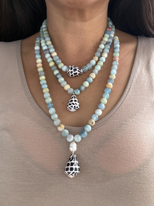 Hebrew cone shell and Colorful Aquamarine gemstone adjustable necklace your choice pearl hanging floating handmade beachy mermaid style