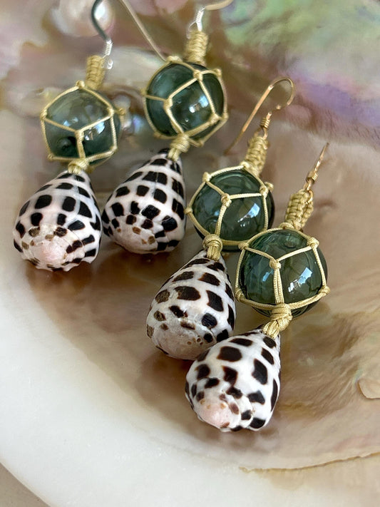 Hebrew cone shell and miniature glass float ball earrings fish hook 14k gold fill sterling silver your choice handmade