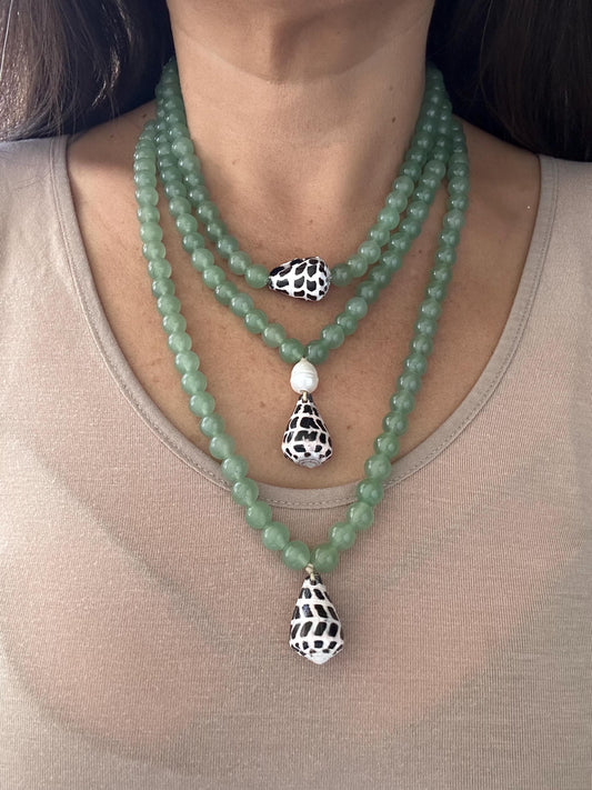 Hebrew cone shell and Green Aventurine gemstone adjustable necklace your choice pearl hanging floating handmade beachy mermaid style