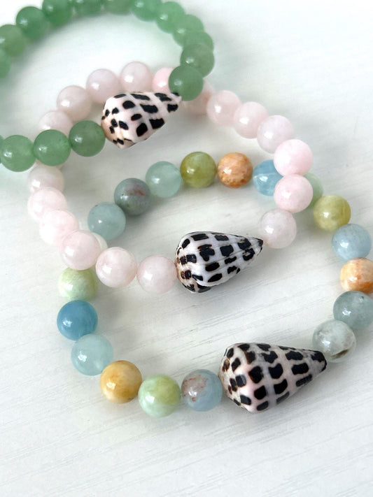 Hebrew cone shell and gemstone stretchy stacker bracelet your choice 7” handmade beachy mermaid style