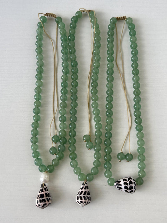 Hebrew cone shell and Green Aventurine gemstone adjustable necklace your choice pearl hanging floating handmade beachy mermaid style