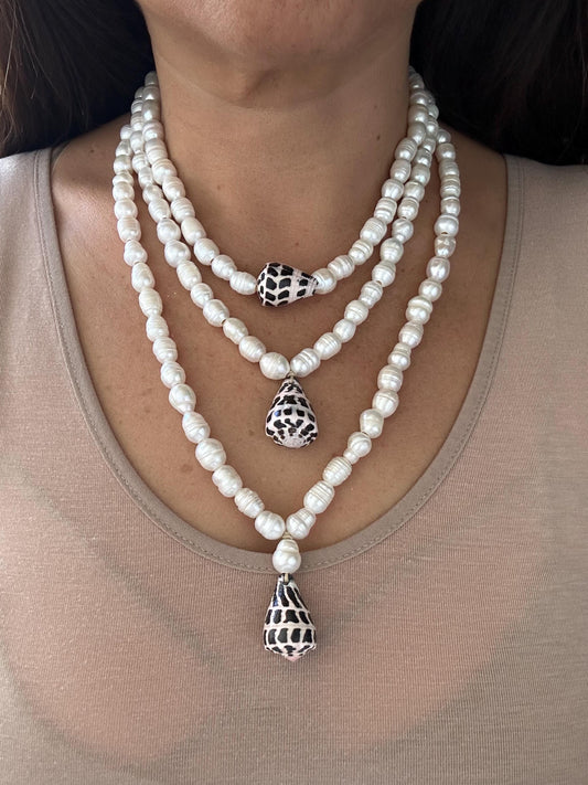 Hebrew cone shell and Fresh water pearl  adjustable necklace your choice pearl hanging floating handmade beachy mermaid style