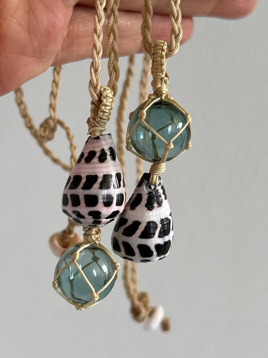 Hebrew cone shell and miniature glass float ball braided cord necklace 18” puka shell handmade