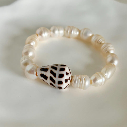 Custom Hebrew cone shell and Fresh water pearl stretch bracelet