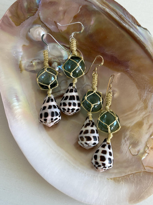 Hebrew cone shell and miniature glass float ball earrings fish hook 14k gold fill sterling silver your choice handmade
