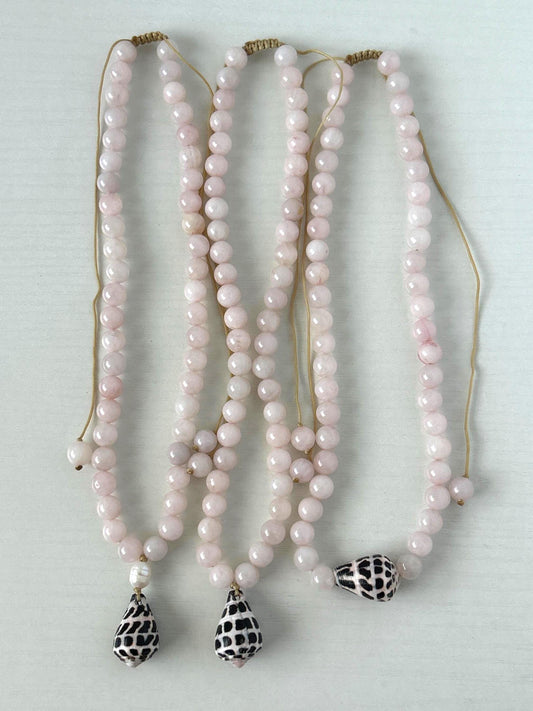 Hebrew cone shell and Rose Quartz gemstone adjustable necklace your choice pearl hanging floating handmade beachy mermaid style