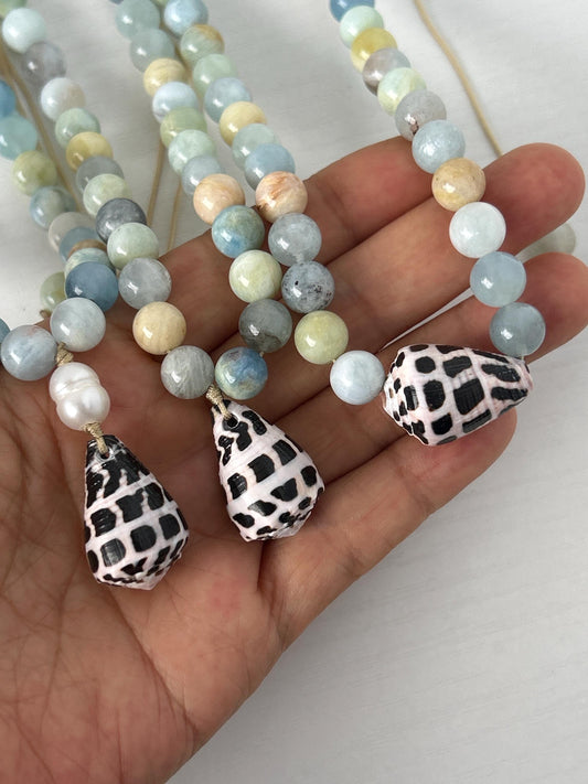 Hebrew cone shell and Colorful Aquamarine gemstone adjustable necklace your choice pearl hanging floating handmade beachy mermaid style
