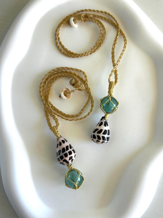 Hebrew cone shell and miniature glass float ball braided cord necklace 18” puka shell handmade