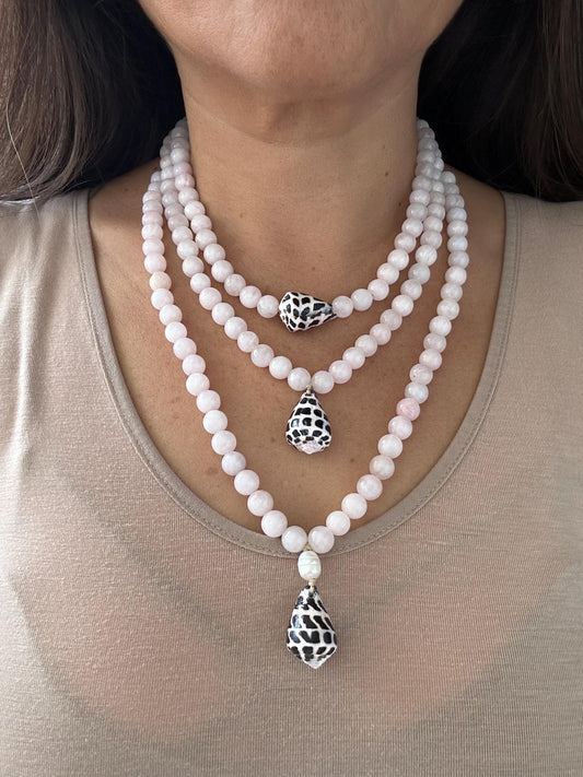 Hebrew cone shell and Rose Quartz gemstone adjustable necklace your choice pearl hanging floating handmade beachy mermaid style