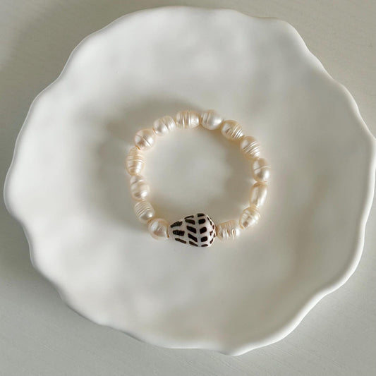 Custom Hebrew cone shell and Fresh water pearl stretch bracelet